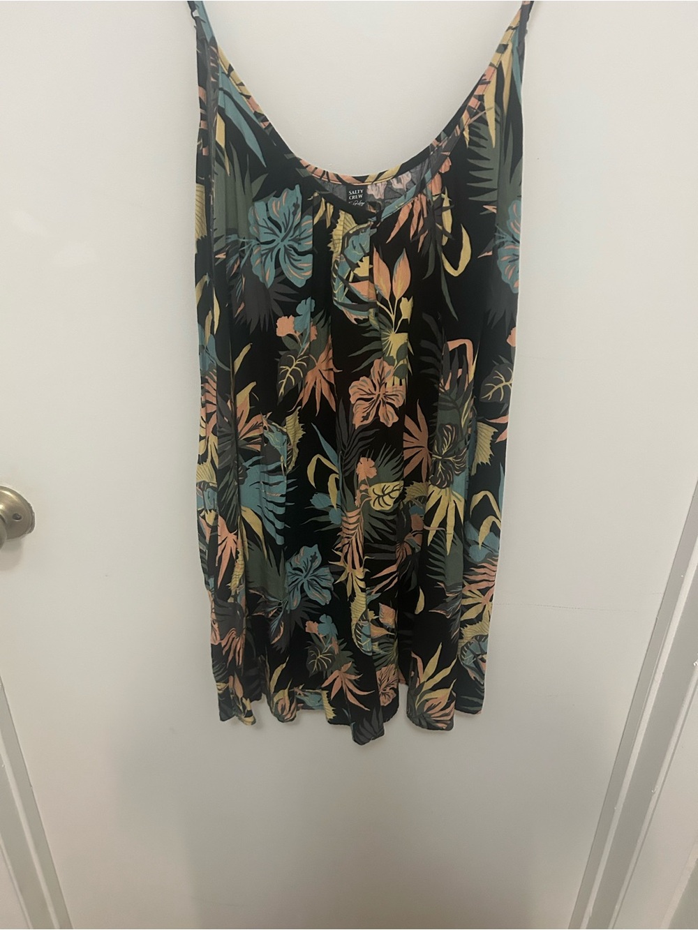Salty Crew Black Tropical Print Tank Dress with Teal, Peach & Yellow Accents